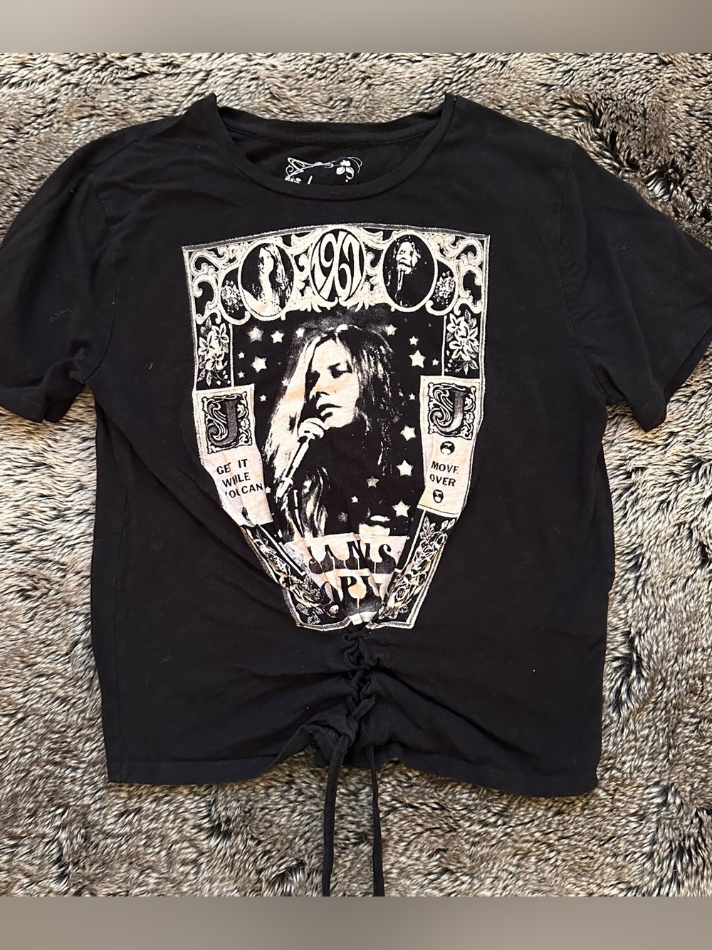 Lucky Brand Black Janis Joplin Graphic Ruched Front Women’s Tee